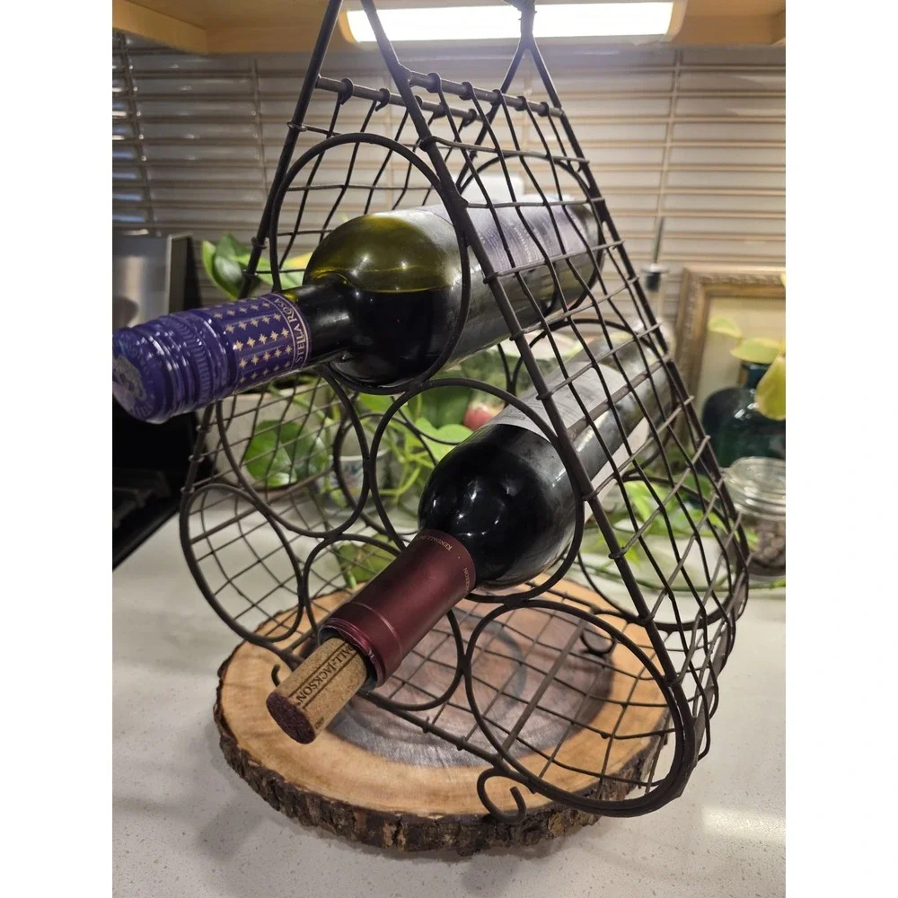 VTG Brown Metal Triangle Countertop Wine Rack Holder for 6 Bottles